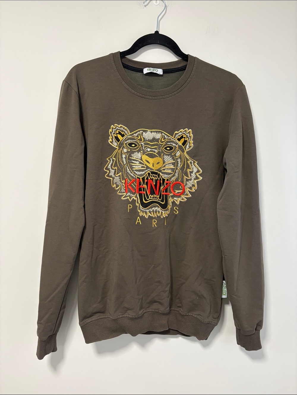Kenzo Olive Brown Crewneck Sweatshirt with Embroidered Tiger FLAW